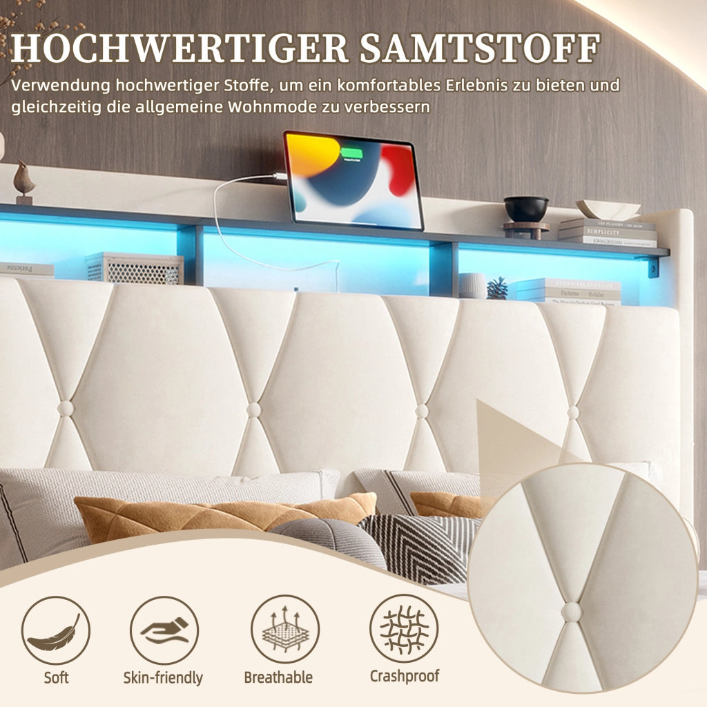Letto imbottito 140 ¡Á 200 cm con contenitore; testiera con ripiano e LED; USB e Type-C; velluto grigio scuro