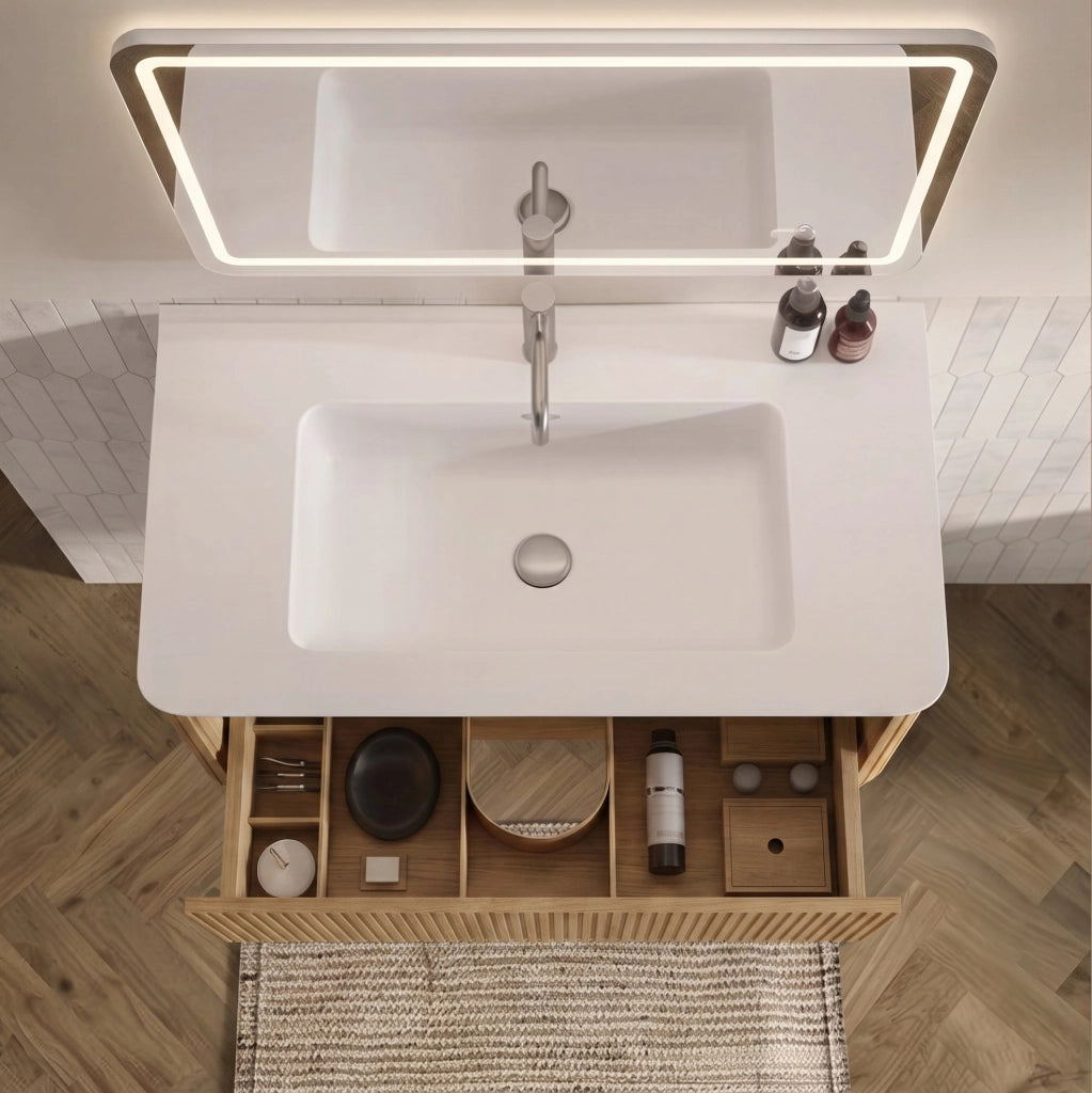 Mobile lavabo 80 cm con specchio LED e colonna, rovere bianco, stile moderno