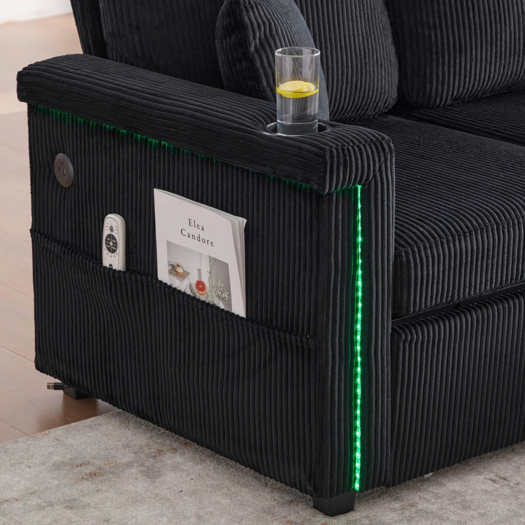 Divano modulare con LED; USB/Type-C; tasche laterali e contenitore 194x73x81 cm; nero