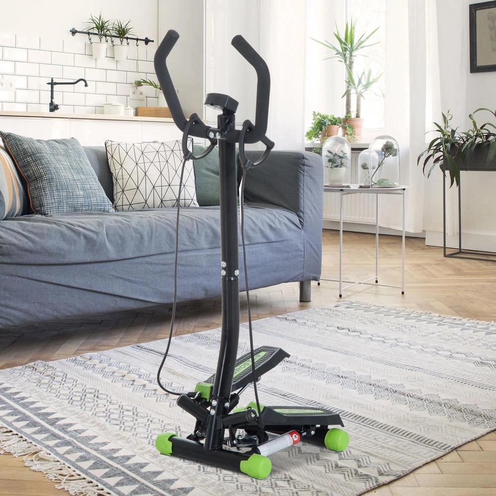 Pedali antiscivolo, stepper fitness con manubrio, 2 elastici e display LCD, verde e nero, per casa, ufficio e palestra