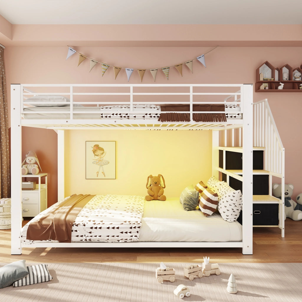 Letto a castello 140x200 cm con scala contenitore reversibile; LED e USB; in metallo e MDF; bianco e noce