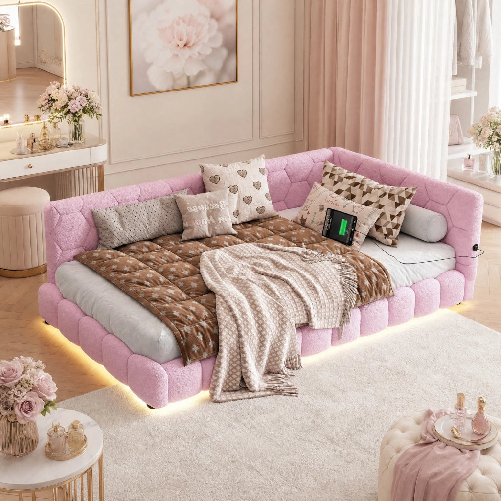 Letto singolo 90x200 cm con LED a 16 colori; USB e USB-C; struttura in MDF; rosa