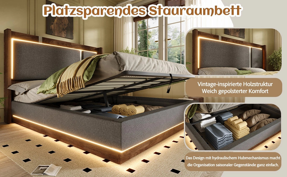 Letto matrimoniale imbottito 180x200 cm con rete a doghe, LED integrati e contenitore, grigio lino e noce, senza materasso