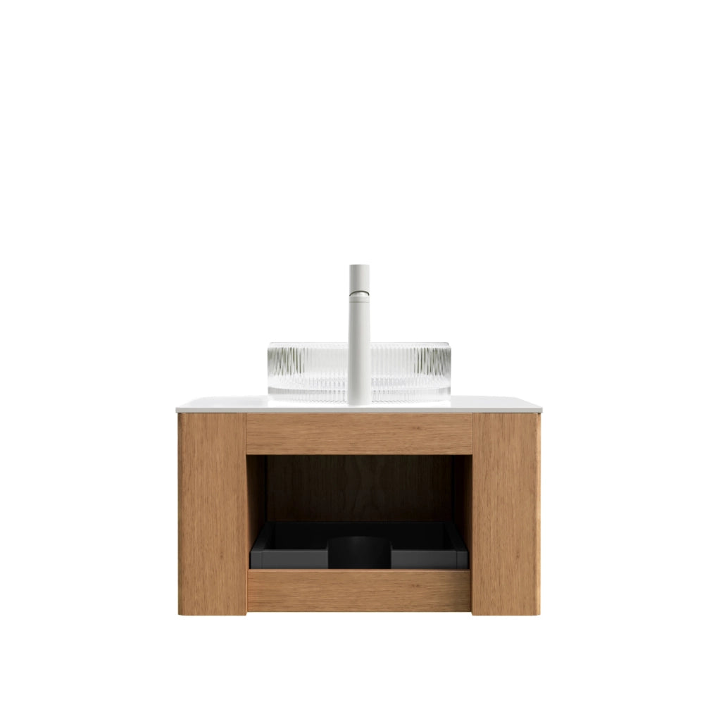 Mobile lavabo sospeso 61 cm in legno naturale, lavabo in vetro trasparente, bianco