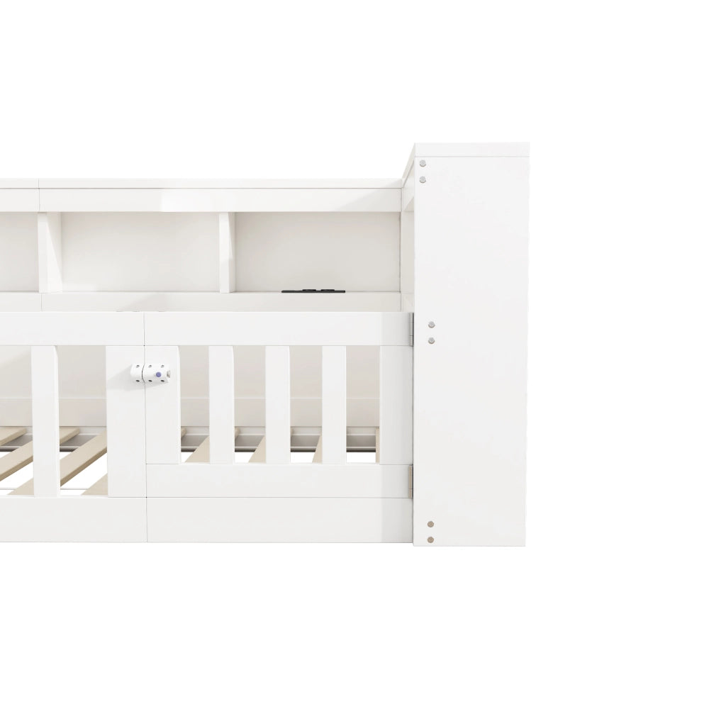 Letto singolo a divano 90 × 200 cm con rete a doghe in pannelli di particelle e MDF bianco con prese e porte USB
