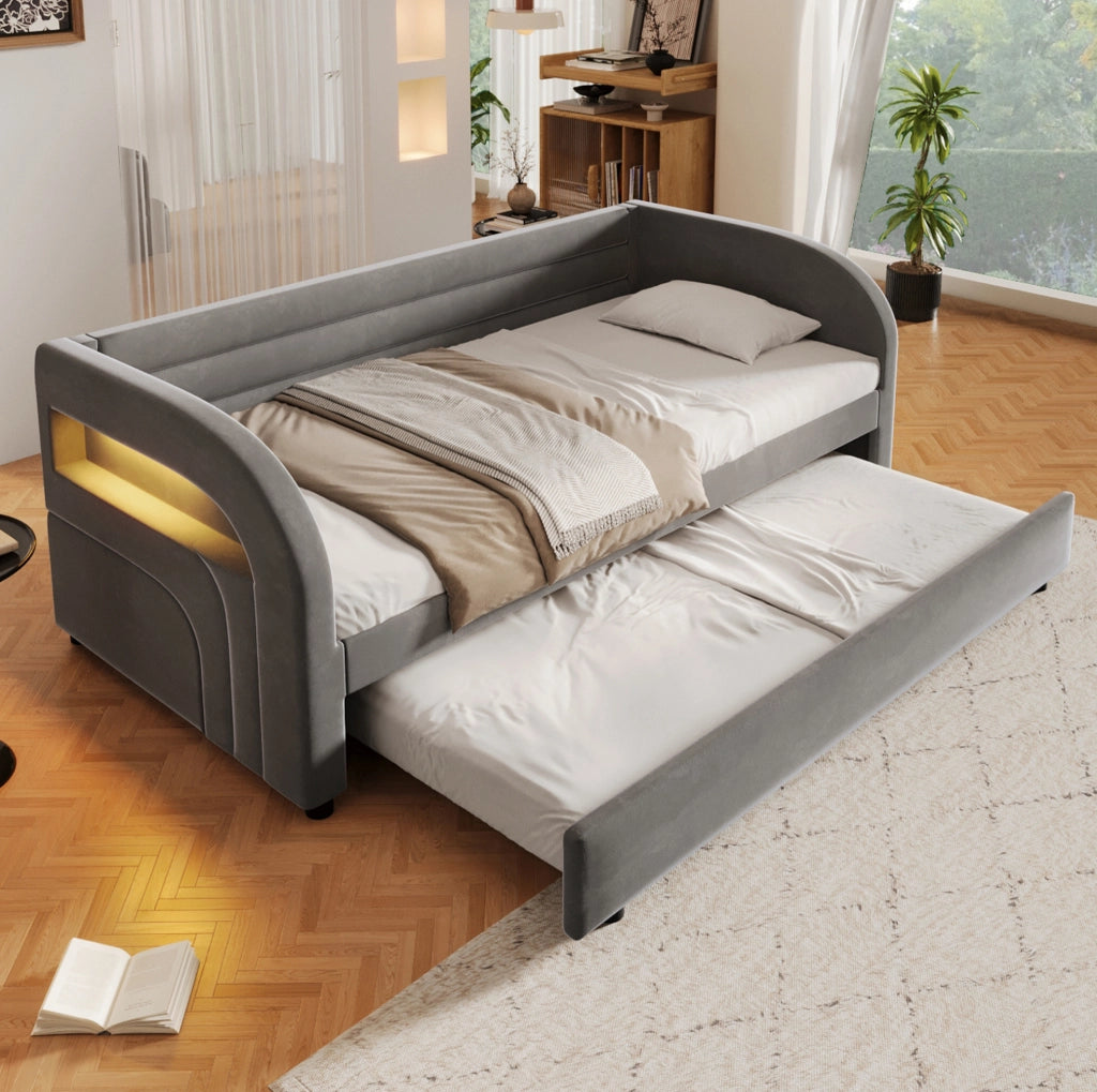 Letto singolo 90x200 cm con letto estraibile e LED; in flanella e MDF; grigio