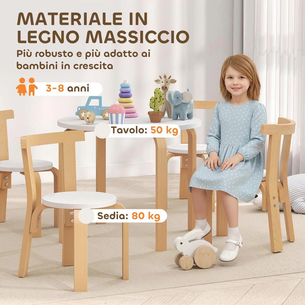 Set Tavolo e Sedie per Bambini 3-8 Anni 5 Pezzi in Legno Bianco con Angoli Arrotondati Robusto per Cameretta e Casa