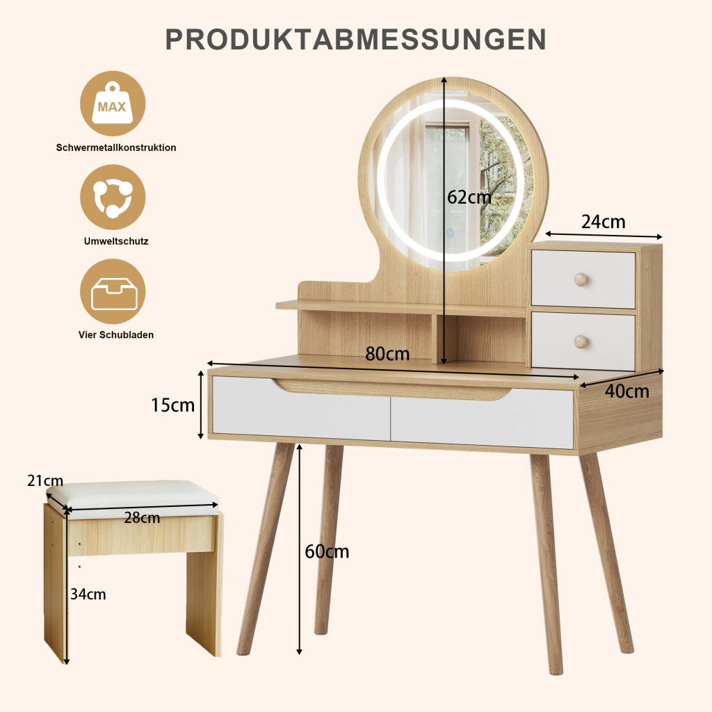 Toeletta con specchio e illuminazione LED regolabile; sgabello imbottito; 2 cassetti e vani; MDF effetto legno naturale