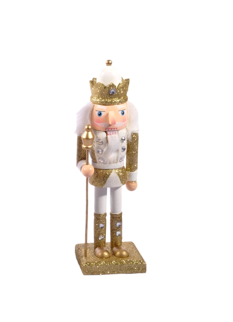 Soldato di legno a forma di Re, ideale per decorazioni natalizie, altezza 24 cm, colore oro e bianco, con scettro