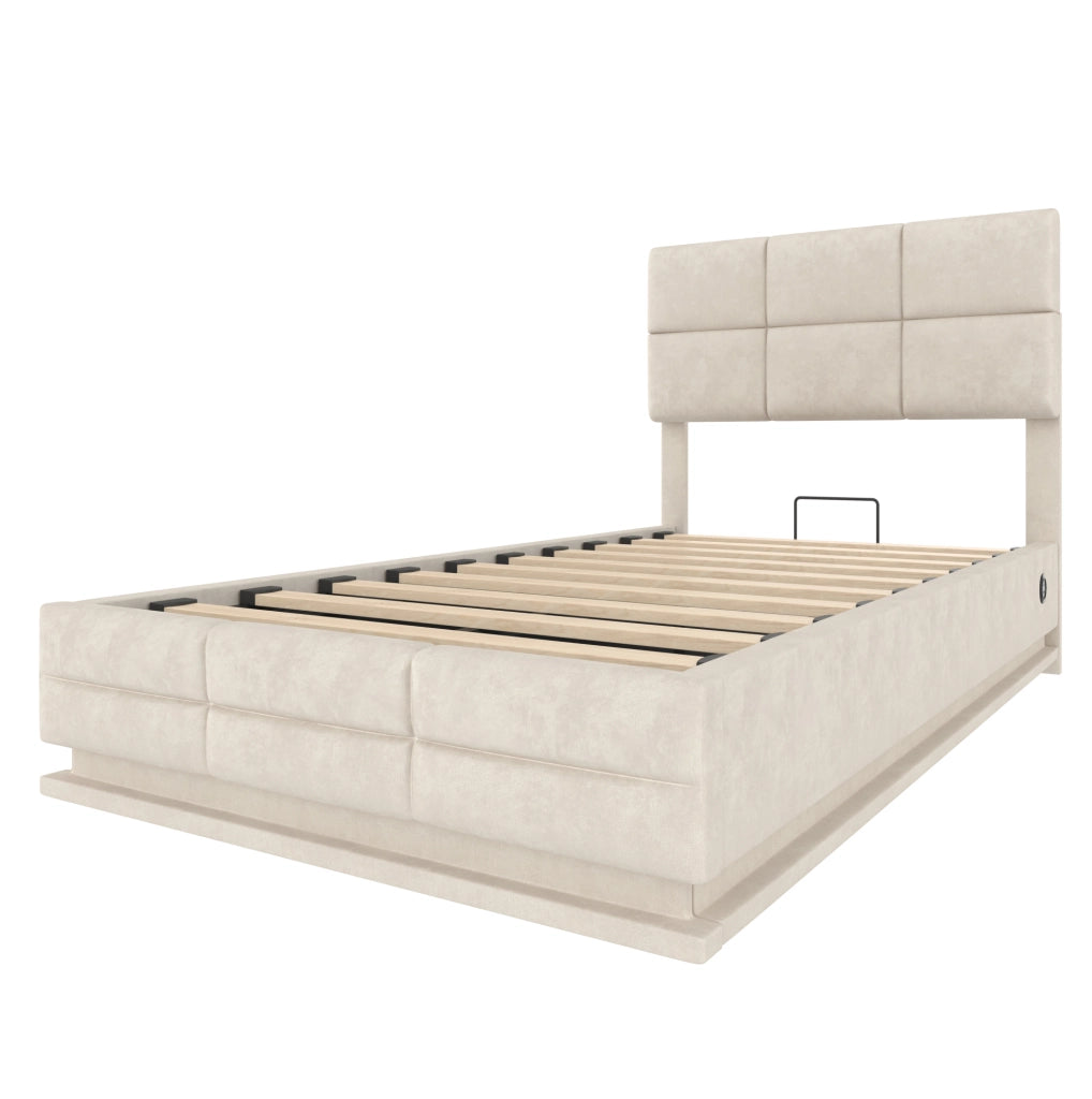 Letto singolo imbottito IVMEU 90x200 cm con contenitore, testiera regolabile, LED e porte USB, velluto beige