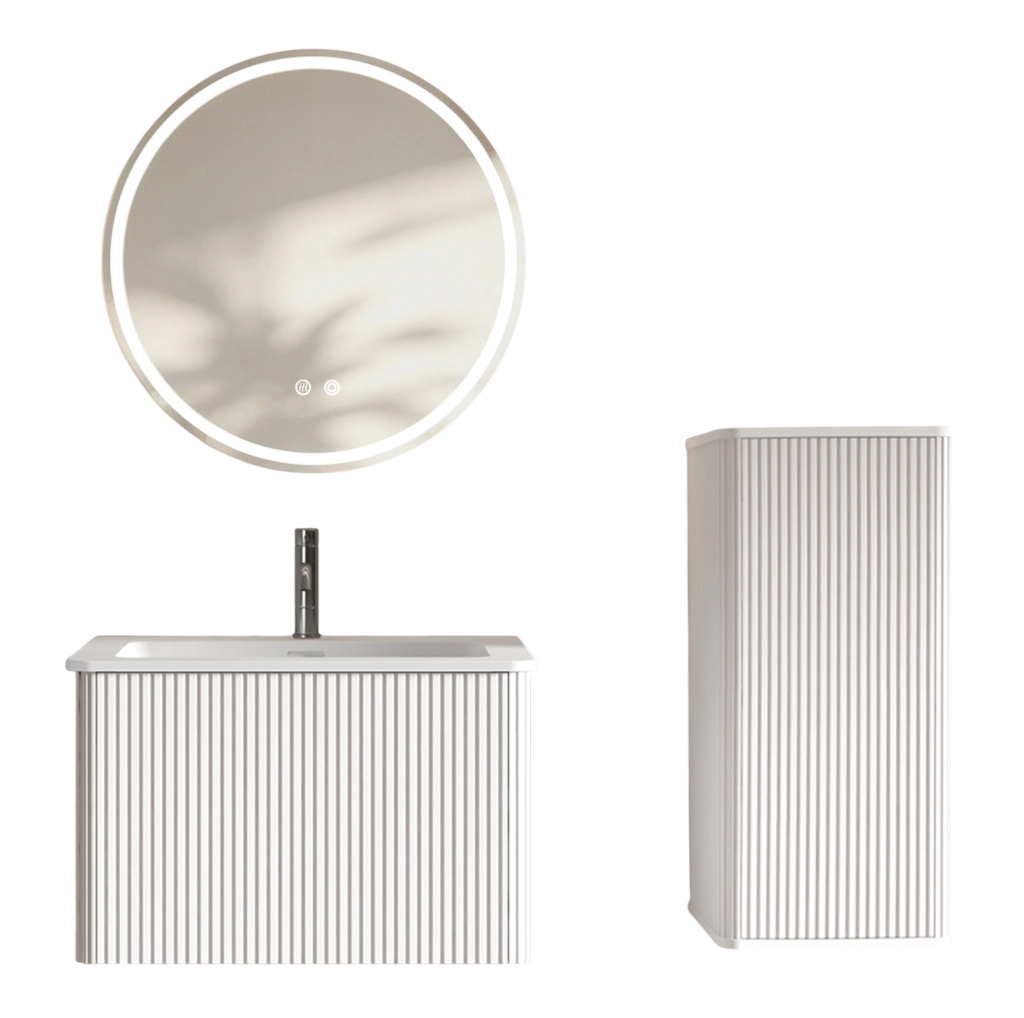 Mobile bagno 60 cm bianco con lavabo e specchio LED rotondo, sospeso