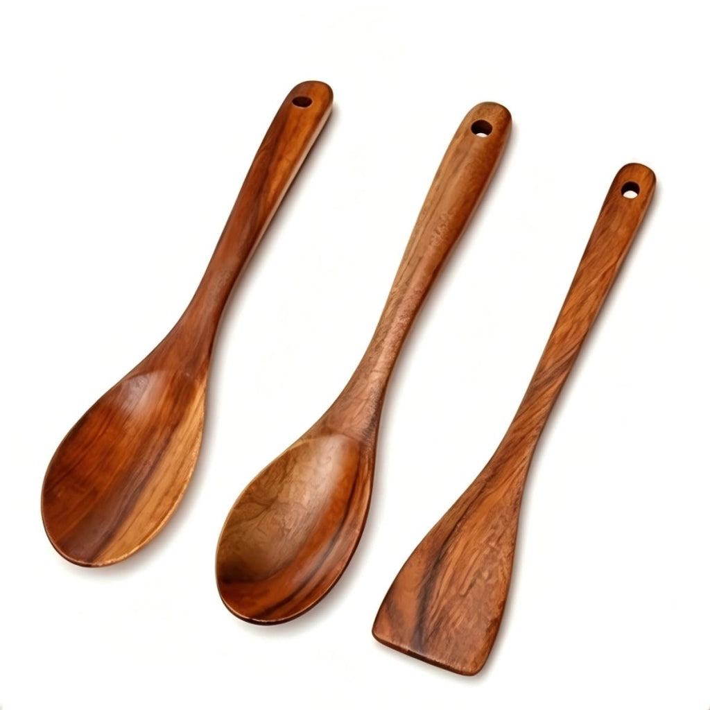Set di 3 utensili da cucina in legno: 2 cucchiai + 1 spatola, lunghezza 26–30 cm