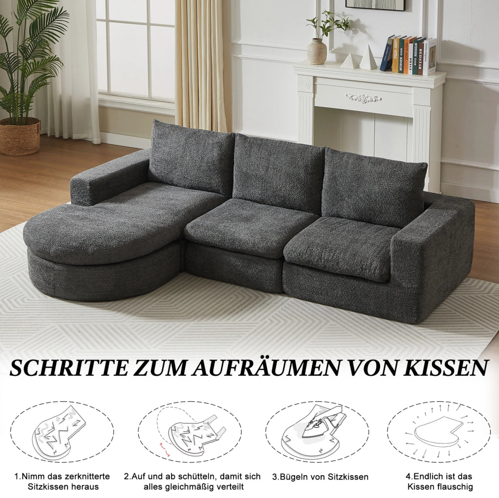 Divano modulare in ciniglia grigio con chaise longue reversibile