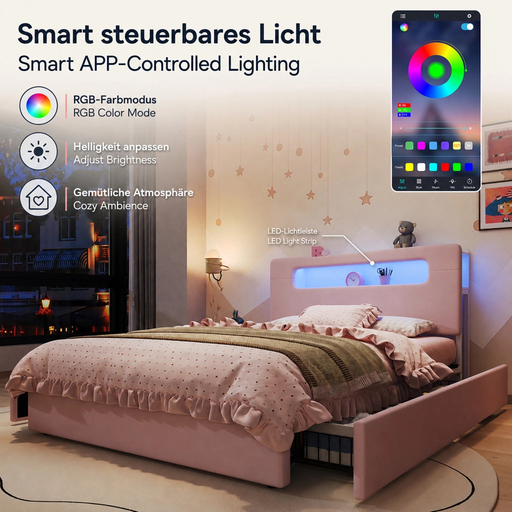Letto imbottito per bambini 140 × 200 cm con quattro cassetti laterali testiera contenitore in velluto rosa LED app