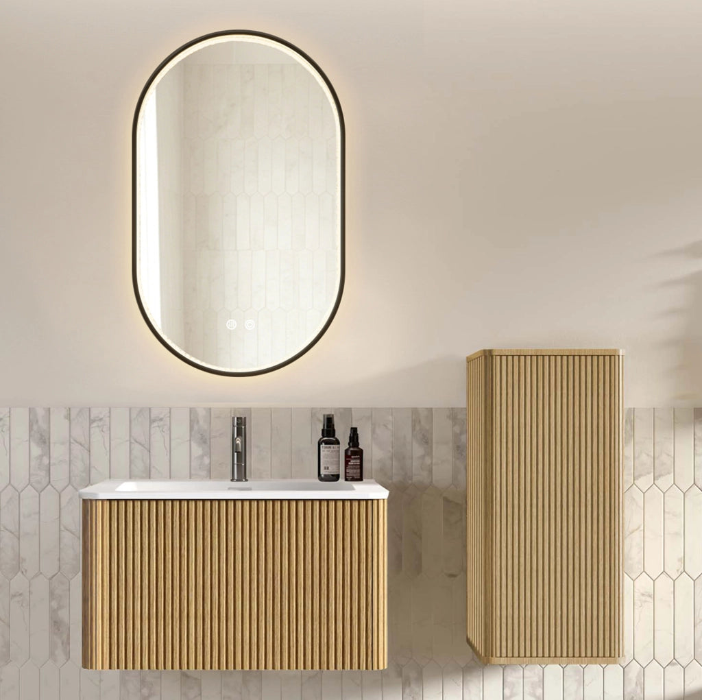 Mobile lavabo 80 cm con specchio LED e colonna, rovere bianco, stile moderno