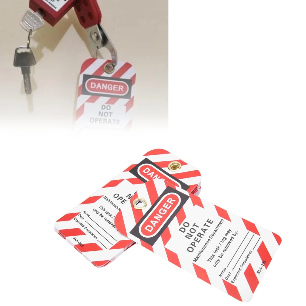 Etichette di sicurezza per lockout-tagout, 10 pezzi, PVC, 10x5 cm, rosse, per industria e chimica