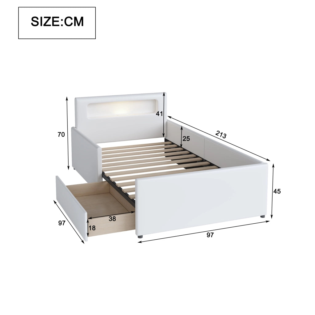 Letto singolo per bambini imbottito 90 × 200 cm con luce notturna USB cassetti e sponde rialzate bianco