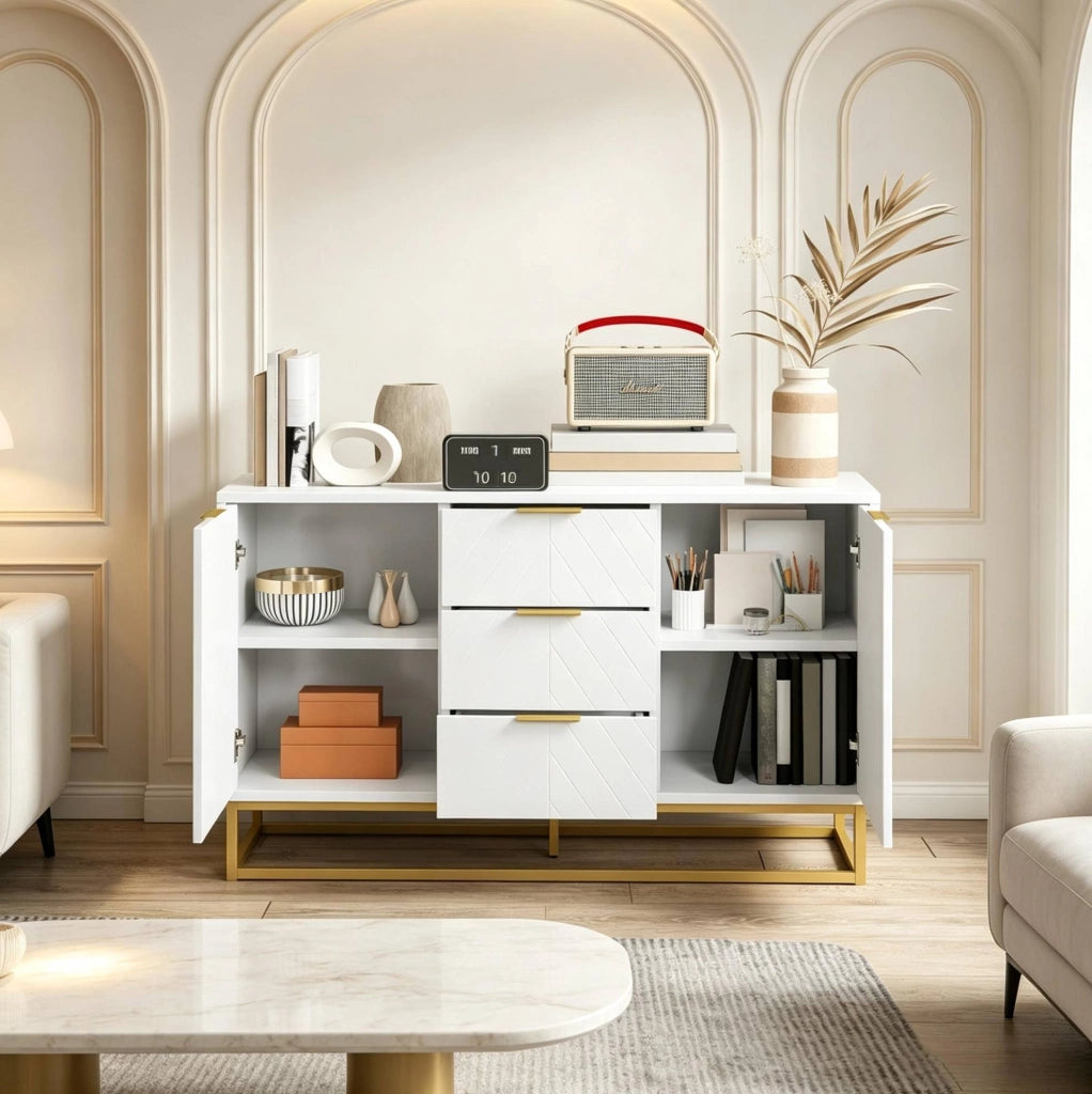 Credenza bianca e dorata con 2 vani e 3 cassetti