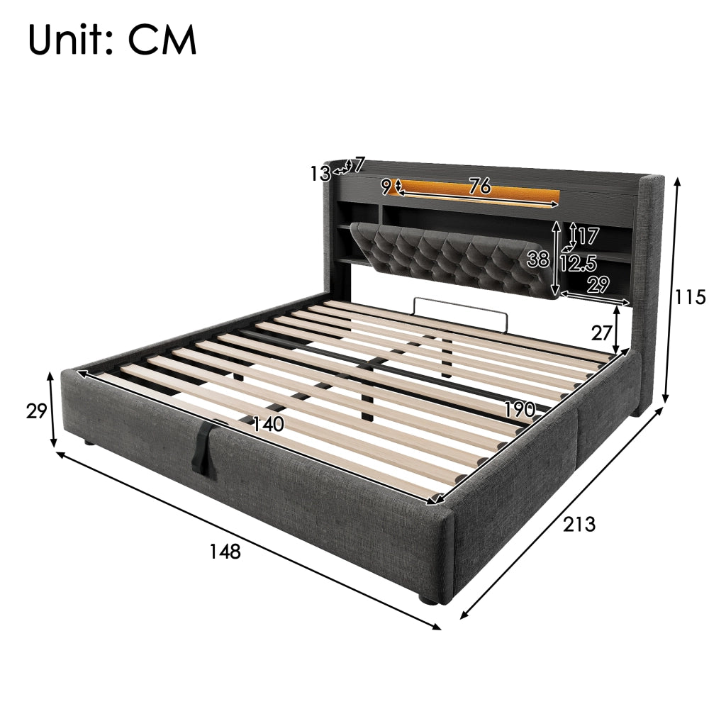 Letto matrimoniale 140 × 190 cm con contenitore idraulico LED USB C in lino grigio con testiera a ripiani