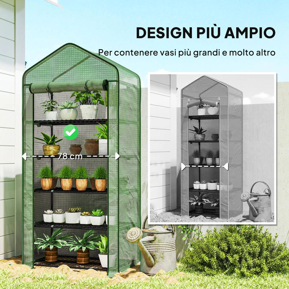 Serra a Casetta per Piante a 5 Livelli in Acciaio e PE con Telo Avvolgibile, per Giardino e Balcone, Verde, 90x49x193 cm