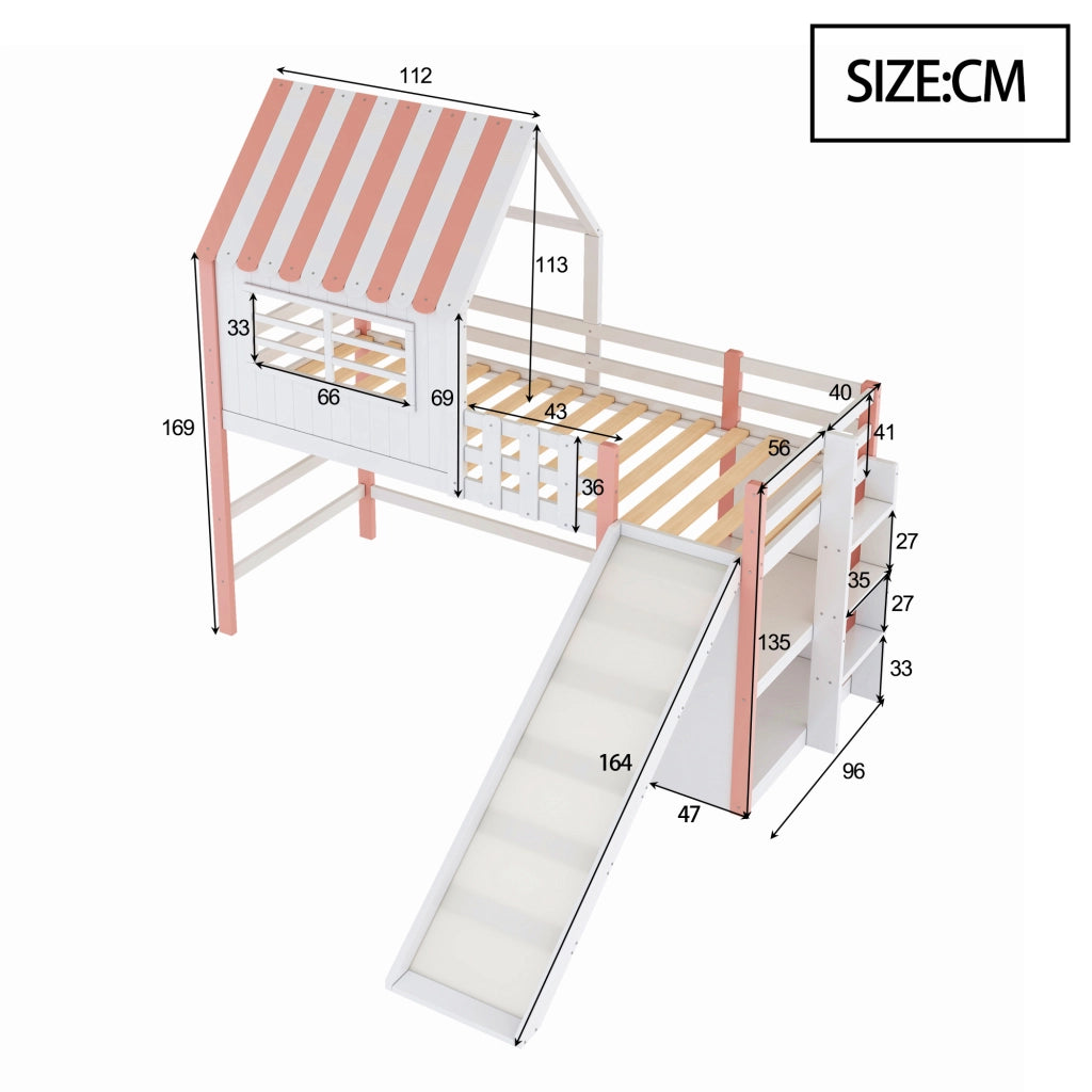 Letto a soppalco per bambini 90 × 200 cm con scivolo lungo scala di sicurezza ripiani in legno pino rosa