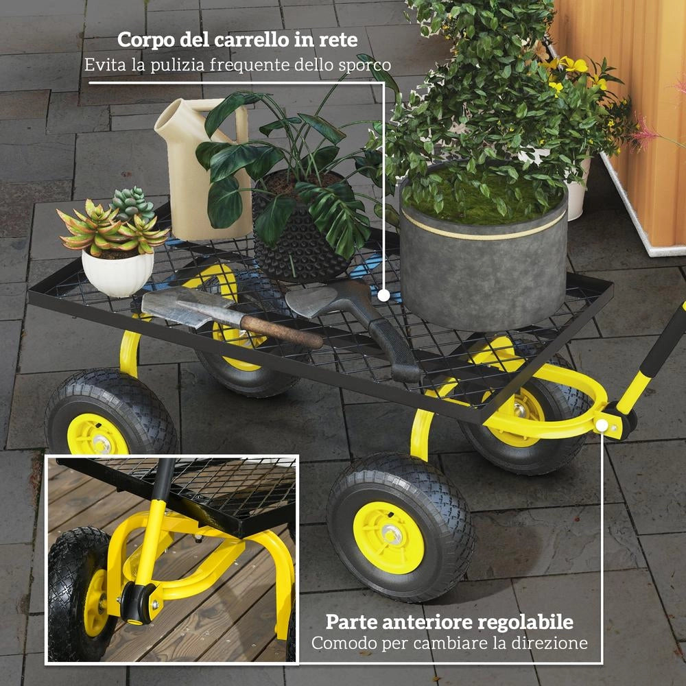 Carrello da Giardino in Acciaio 150 kg con Ruote in Gomma e Maniglia Rivestita per Trasporto e Fai da Te, 94x48.5x100 cm, Giallo e Nero