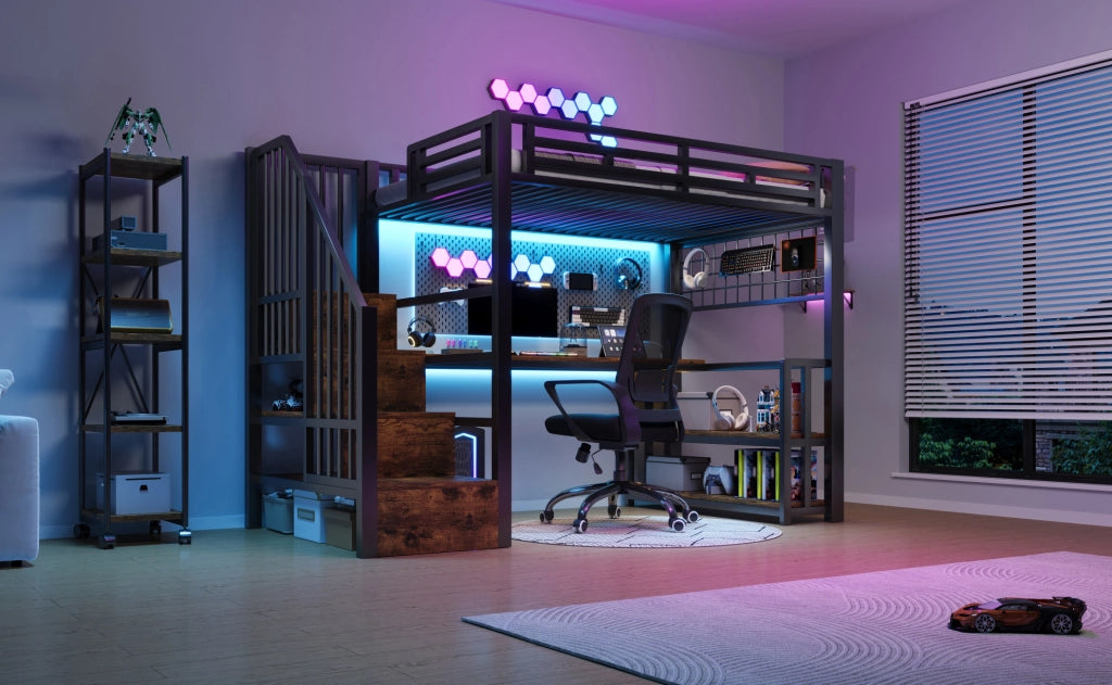 Letto a Castello 90x200 cm con Struttura in Ferro, Mensola, Rete Appendibile, Striscia LED, Scrivania, Scale con Spazio di Stoccaggio, 2 Porte USB e 1 Porta Tipo-C, Nero, Senza Materasso