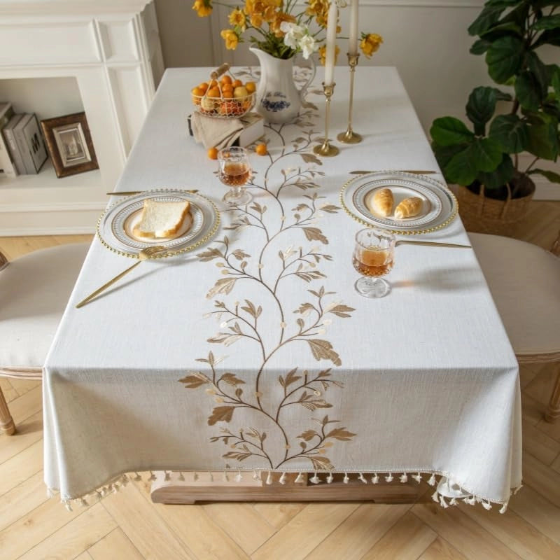 Tovaglia in cotone e lino, con frange, idrorepellente, 140x213 cm