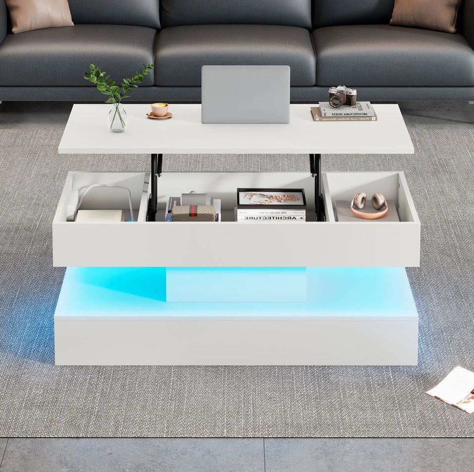 Tavolino da caffè sollevabile 100x50x42 cm bianco con LED e vano contenitore