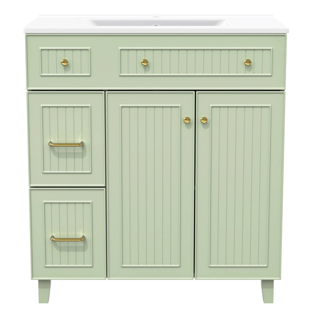 Mobile da bagno indipendente con lavabo in ceramica 81,7 cm, struttura in MDF laccato, piedi in legno massello di pino, colore verde