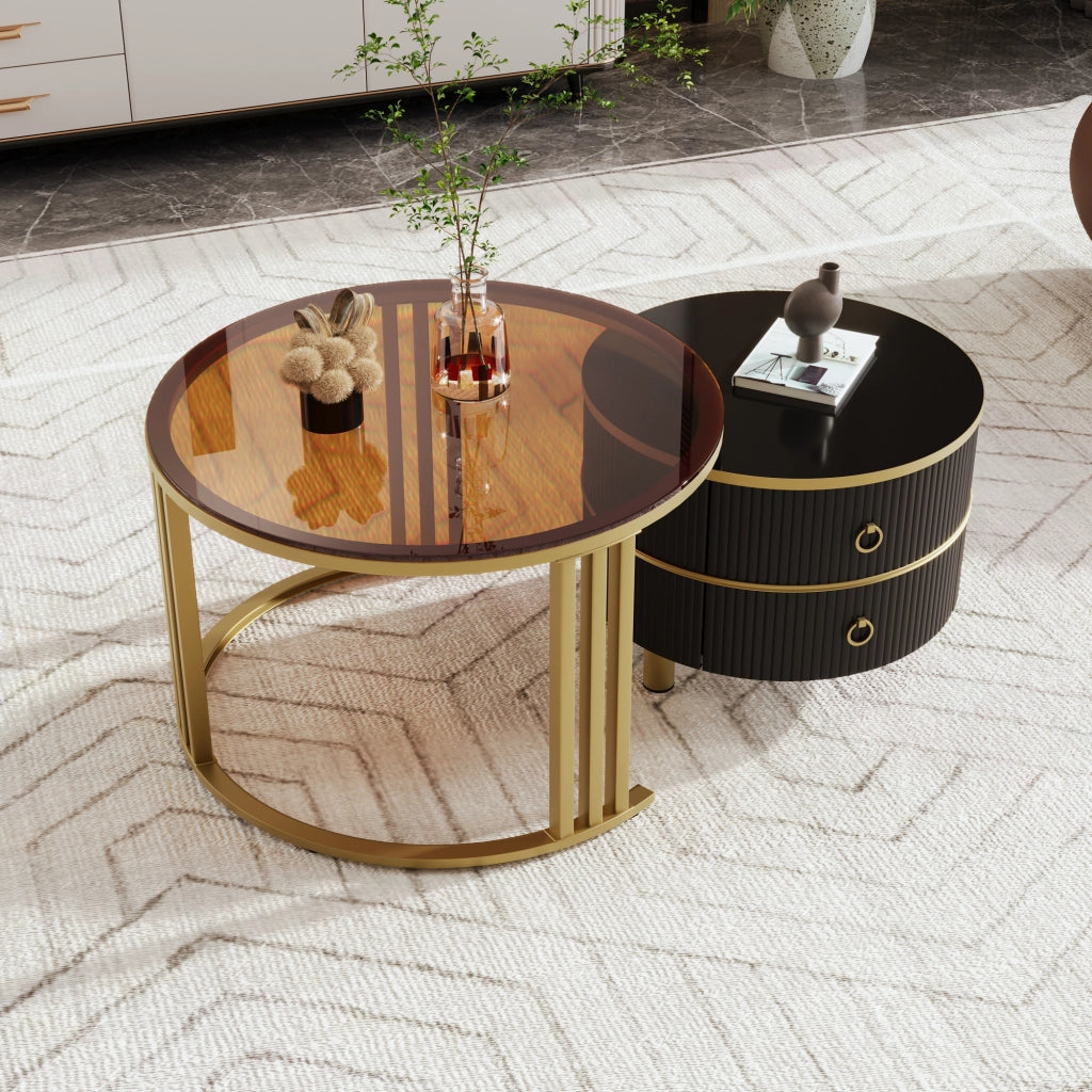 Tavolino da salotto set di 2 rotondi con 2 cassetti in MDF e vetro temprato nero e oro con gambe in metallo