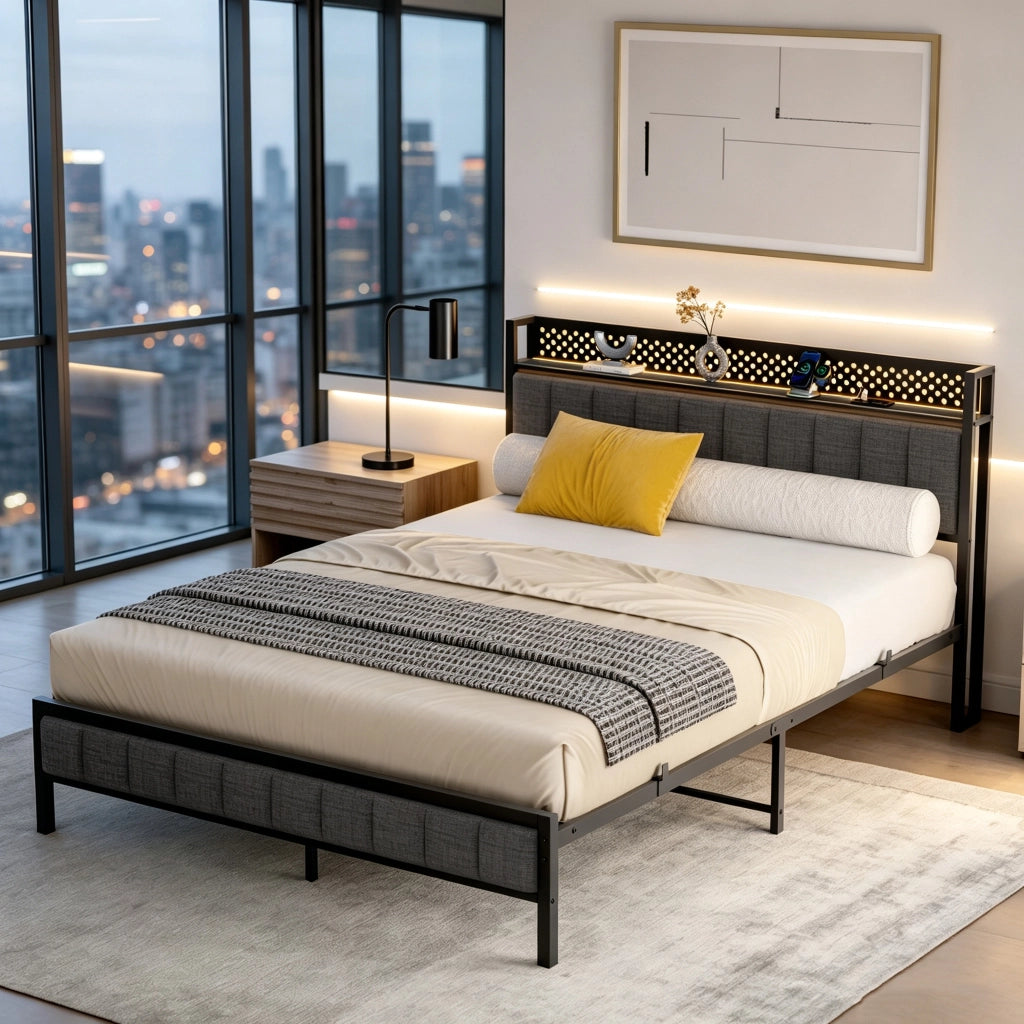 Letto matrimoniale 140x200 cm in metallo con testiera USB e ripiano; nero