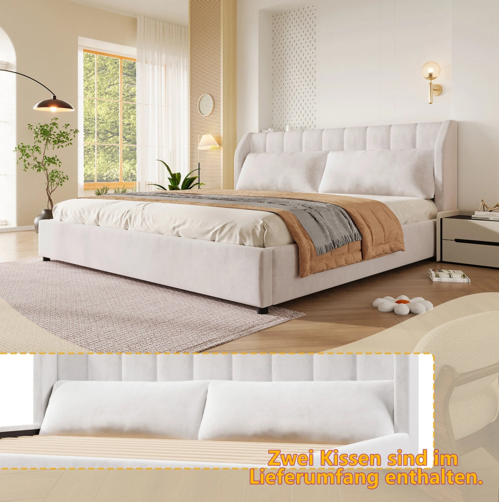 Letto imbottito beige 180 x 200 cm con rete a doghe e due cuscini