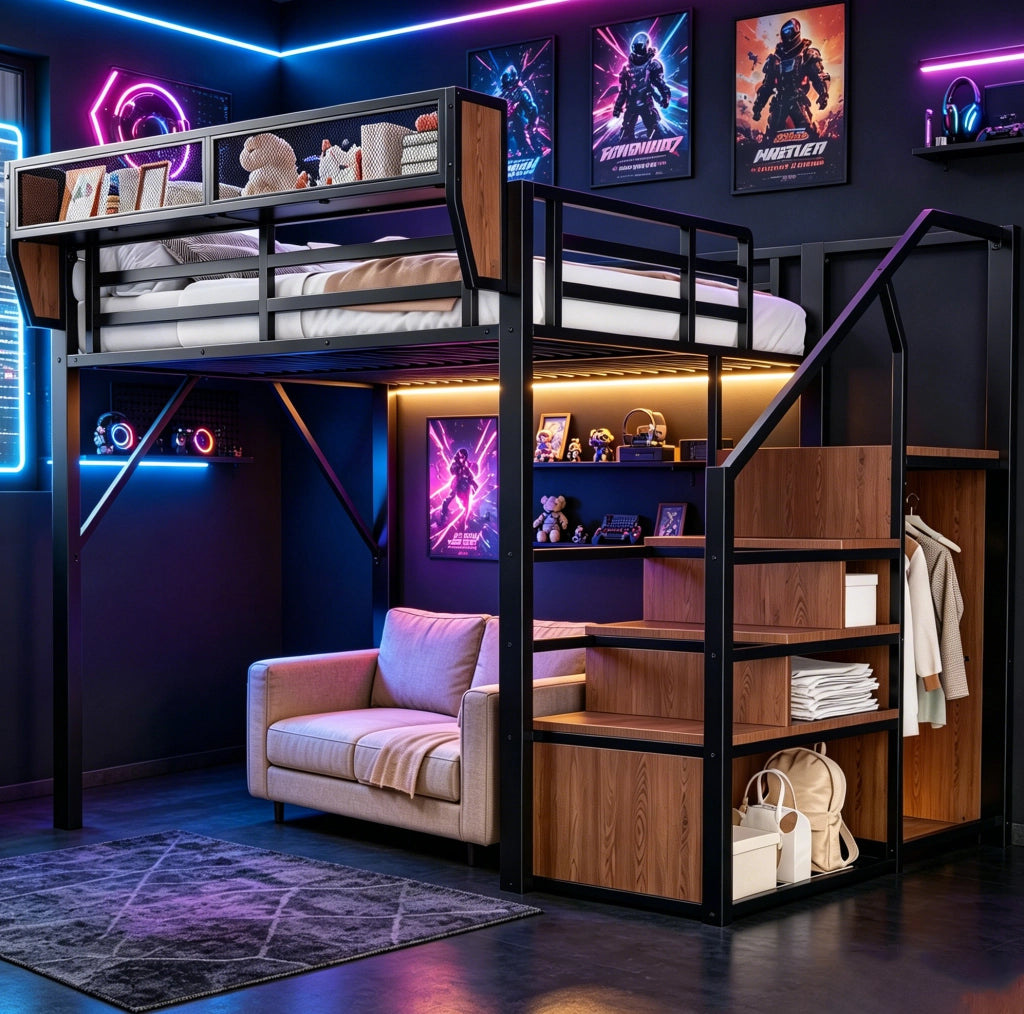 Letto a soppalco 140 × 200 cm con LED multicolore; scala e ripiano regolabile; metallo nero