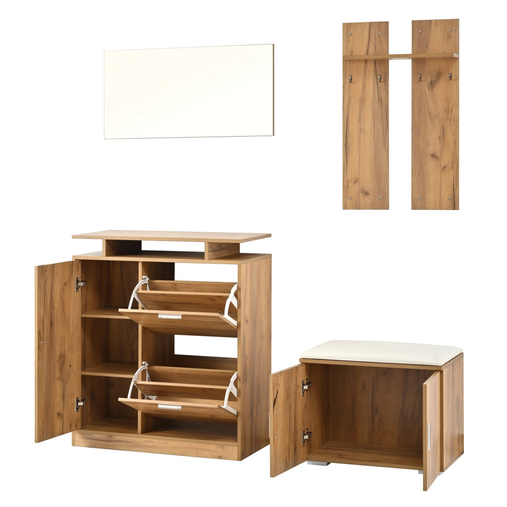 Mobile da ingresso 140 × 35 × 133 cm con scarpiera panca specchio e 4 ganci in pannello di particelle naturale