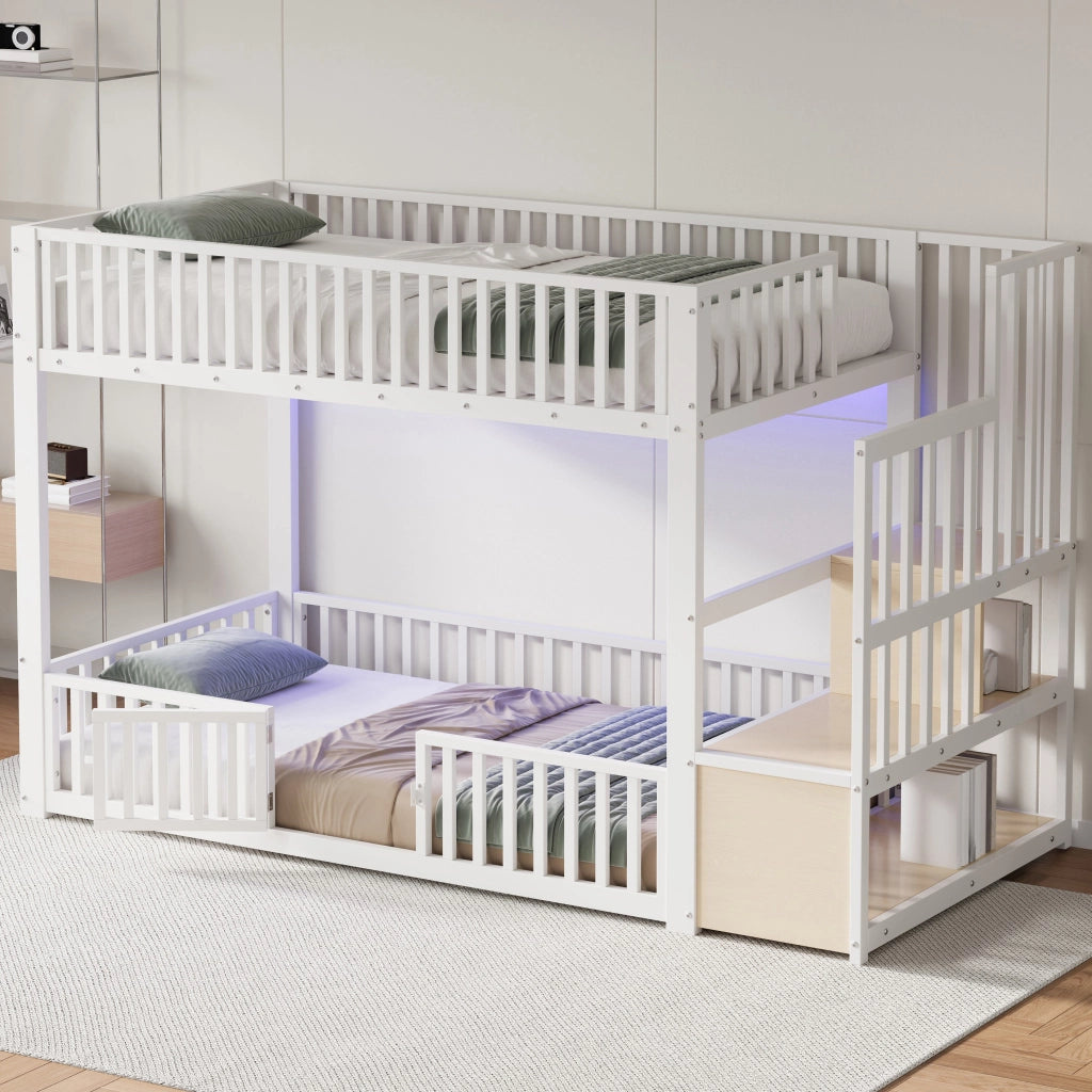 Letto a castello 90x200 cm; scala contenitore; LED; bianco