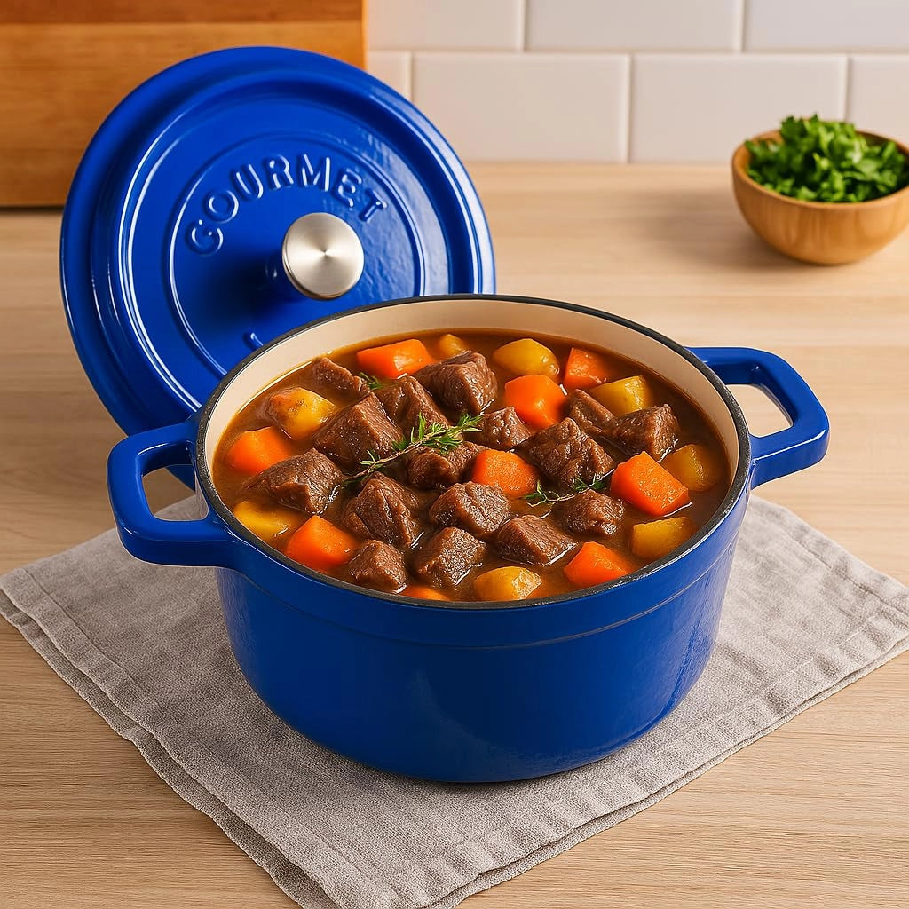 Cocotte in ghisa, 24 cm, 3,6 L, blu, con coperchio, ideale per stufati