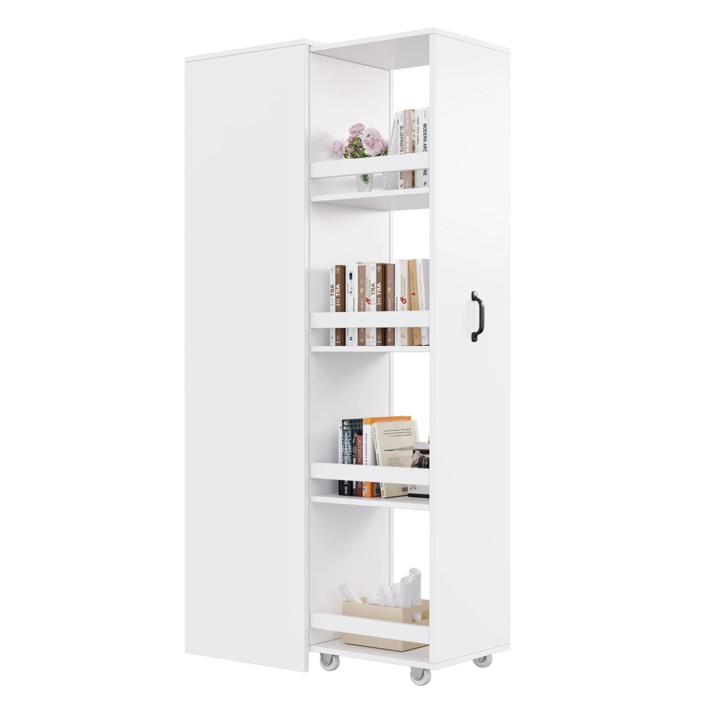 Libreria stretta bianca in MDF con ruote e contenitori, 40 × 30 × 160,5 cm