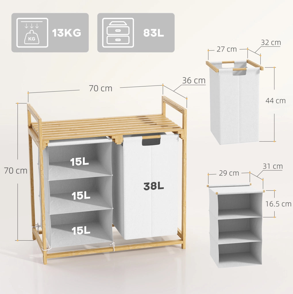 Cesto biancheria 4 scomparti 70x36x70 cm bambù bianco con 2 sacchi e ripiano
