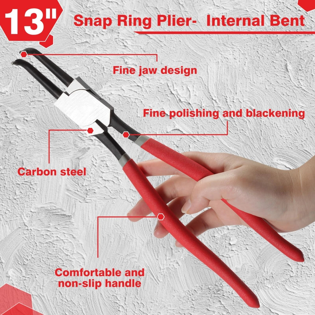 Pinza per anelli di sicurezza, 33 cm, interna, piegata a 90 gradi, diametro punta 3,2 mm, acciaio al carbonio, manico in PVC