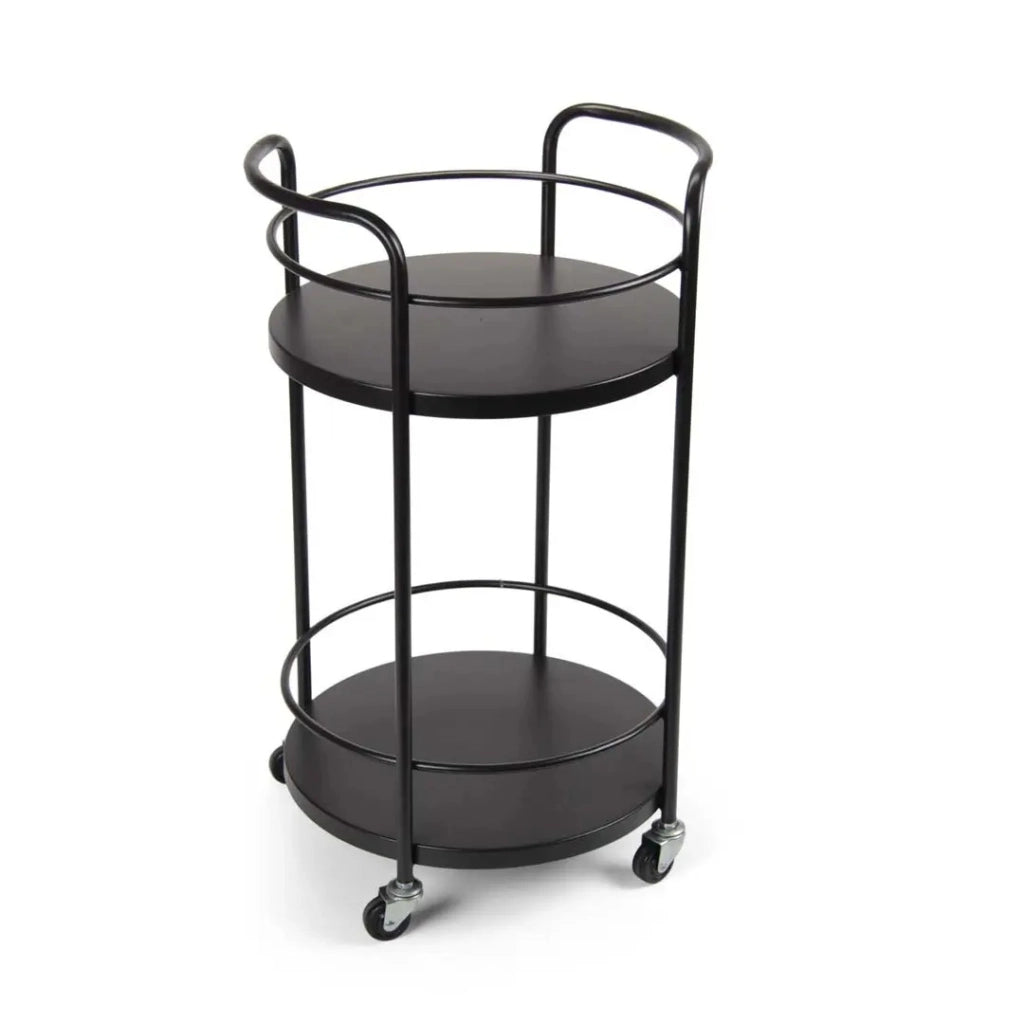 Carrello tondo in metallo con due ripiani e ruote Ø35x65 cm