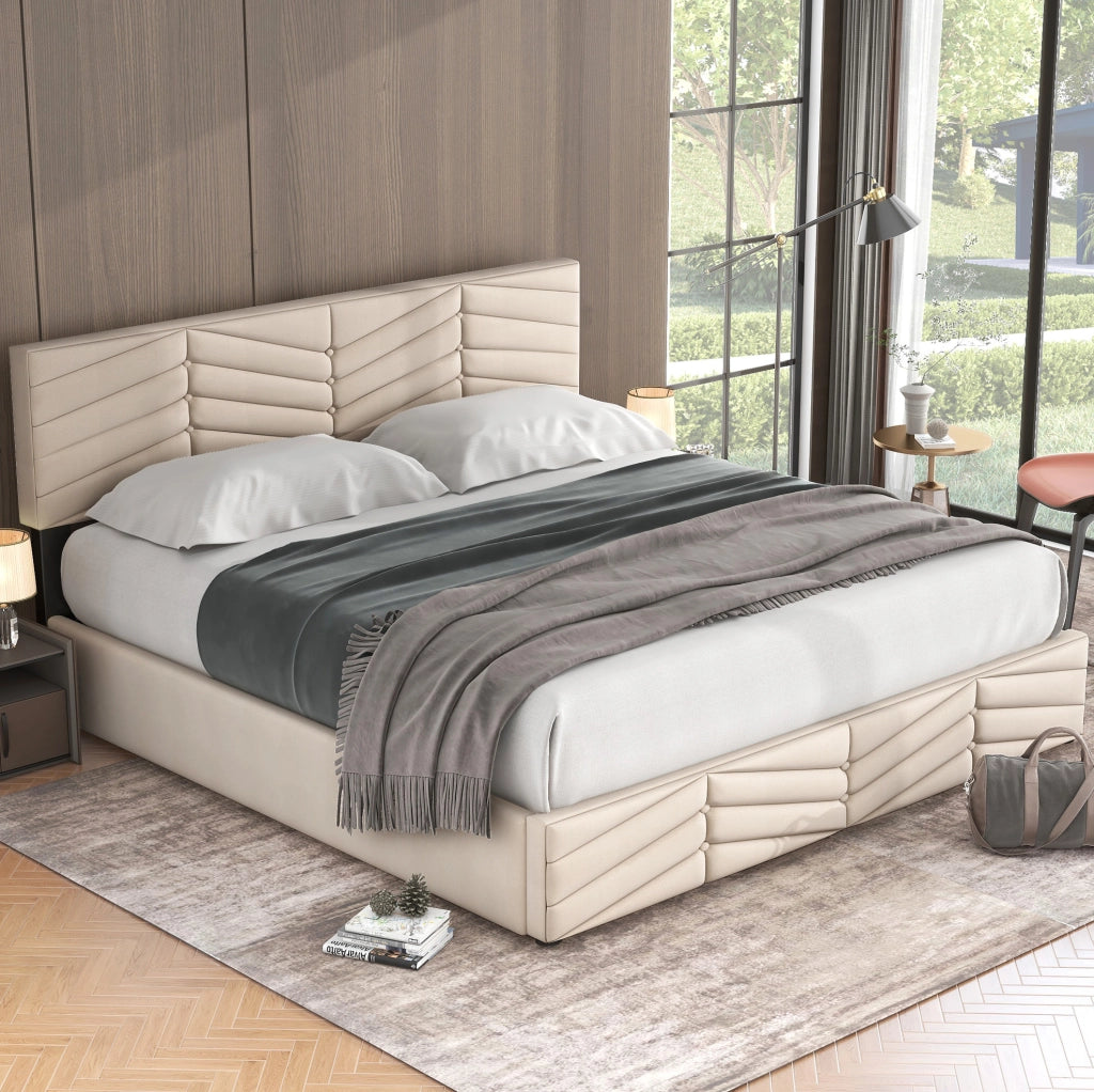 Letto matrimoniale imbottito in velluto beige 160x200 cm con contenitore idraulico e testiera regolabile