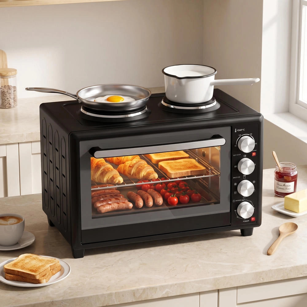 Mini Forno Elettrico Ventilato 46L 1800W con 2 Piastre di Cottura e Girarrosto Fornetto Multifunzione con Timer Salvaspazio Nero
