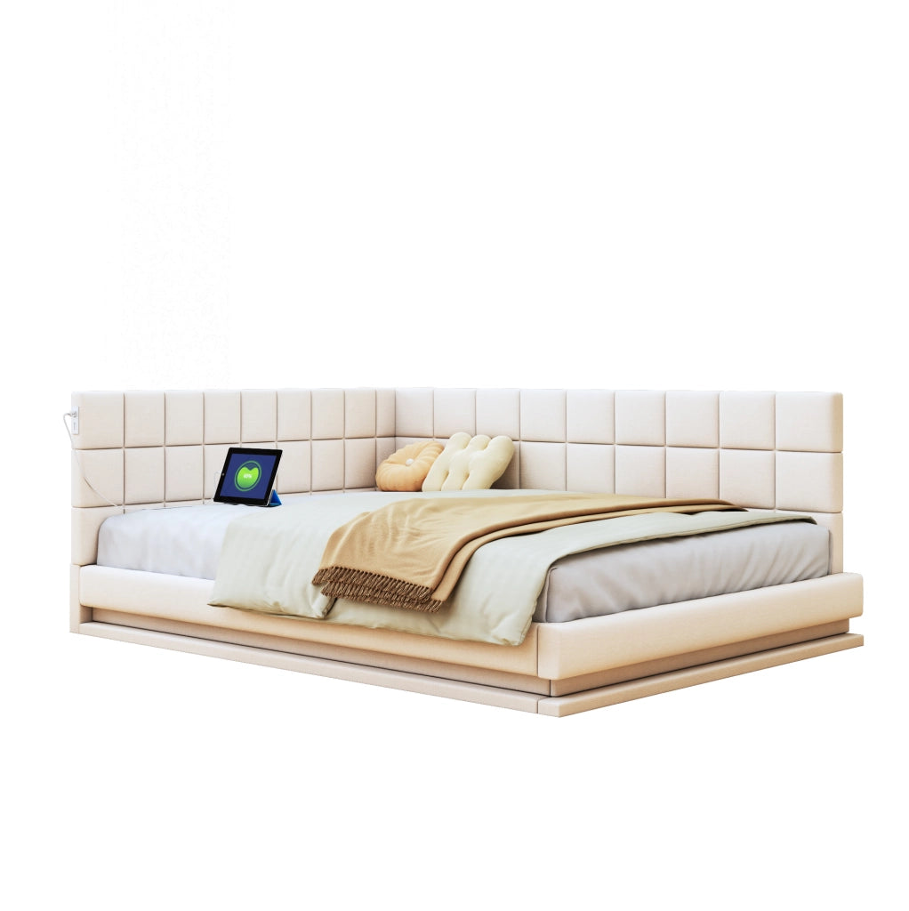Divano Letto Imbottito 140x200 cm con LED, Porta USB e Rete a Doghe, Beige in Lino