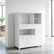 Mobile da cucina bianco con cassetto, ante e vani aperti