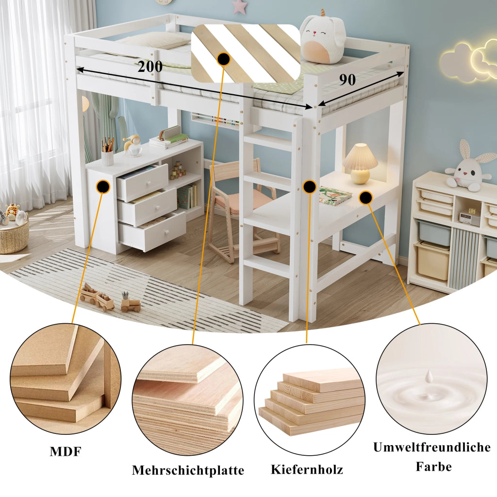 Letto a soppalco per bambini 90 × 200 cm con scrivania cassetti scaffale rete a doghe in legno bianco