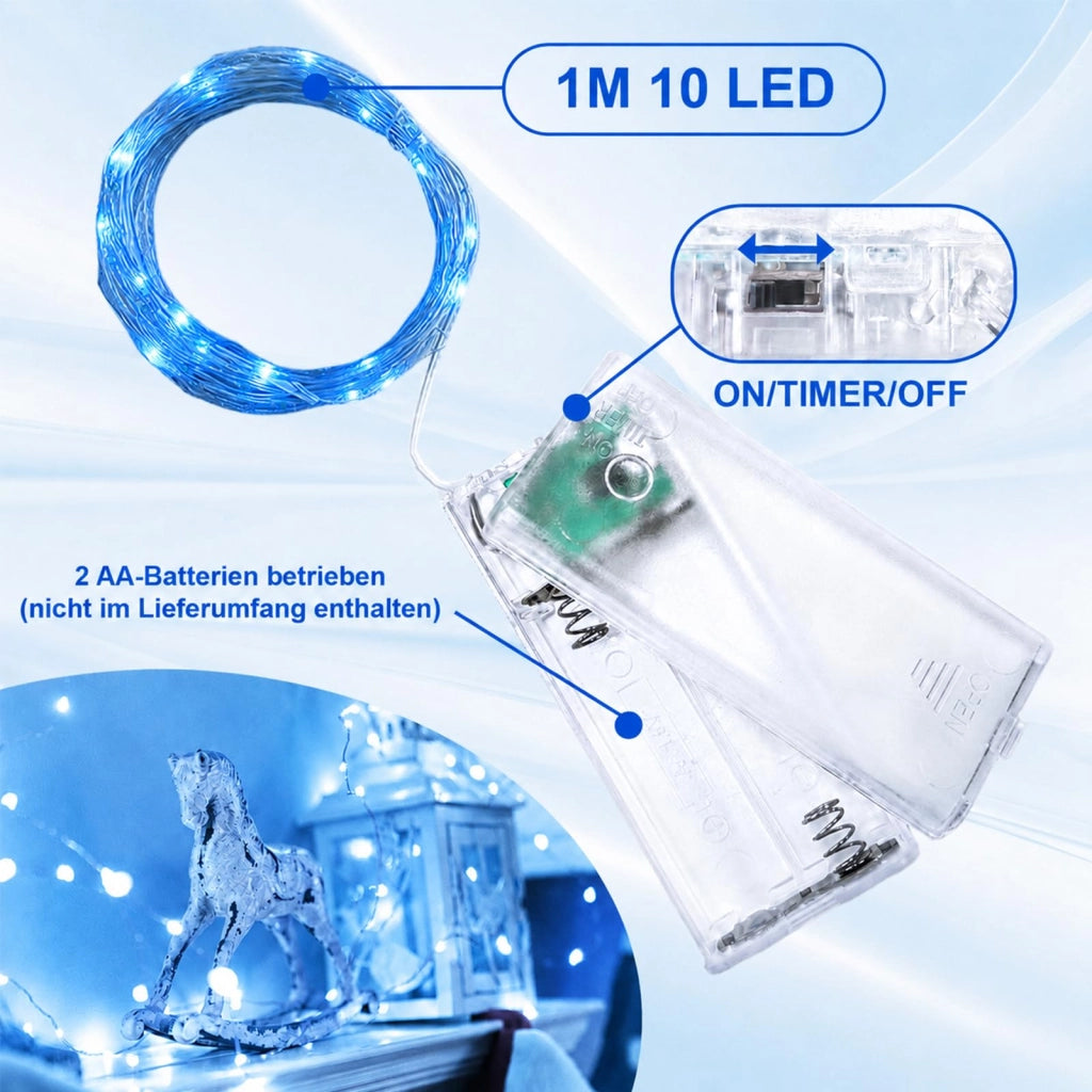 Catena luminosa in filo di rame, 1 metro, 10 LED, colore blu, set da 6, con timer