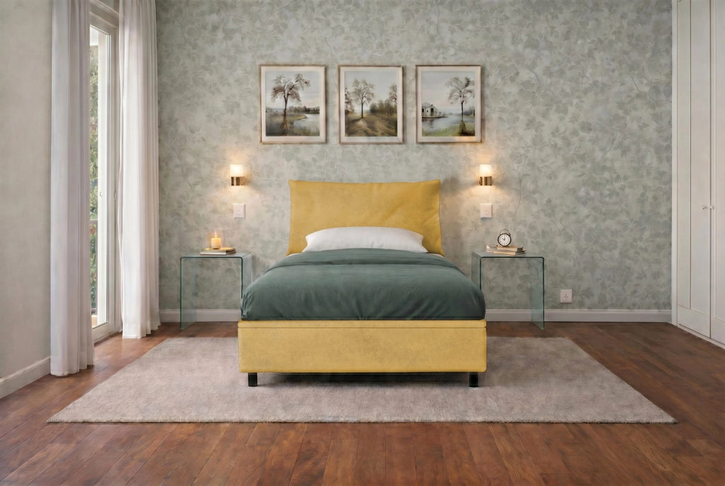 Letto Singolo Contenitore Imbottito 80x190 cm Microfibra Ocra BoxMax Testata Soft