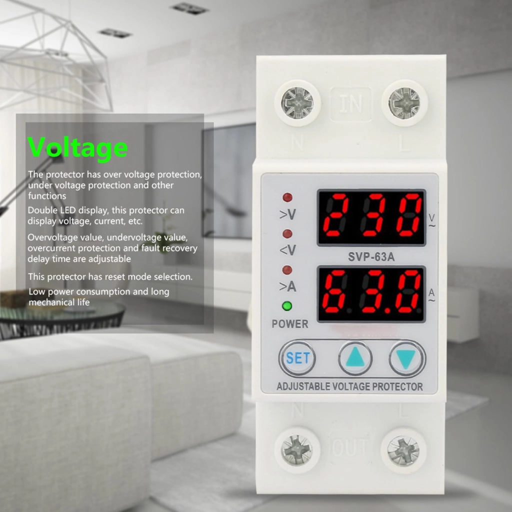 Dispositivo di protezione da sovratensione e sovracorrente SVP-63A, con doppio display a LED, 230 V