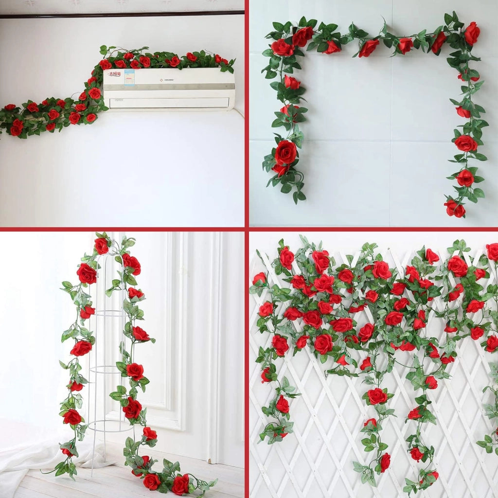 Ghirlande di rose artificiali, 2 pezzi, colore rosso, lunghezza 230 cm, materiale: plastica